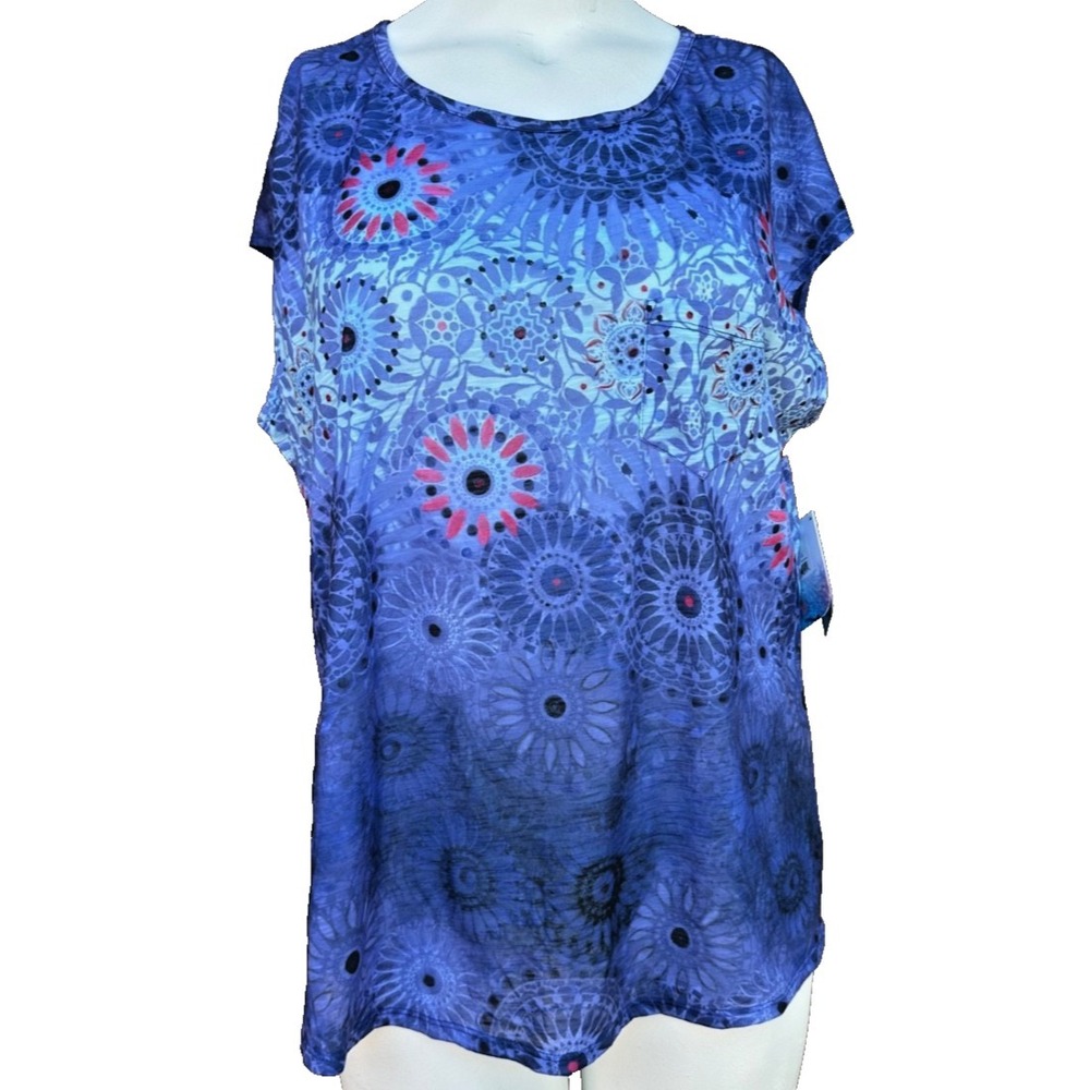 Brisas Debbie Dunnheisser XL Blue Boho Hippie Print Cap Sleeve Top NWT New Style